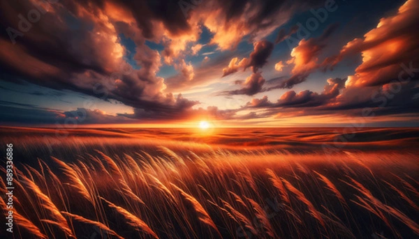 Obraz a painting of a sunset over a field of tall grass