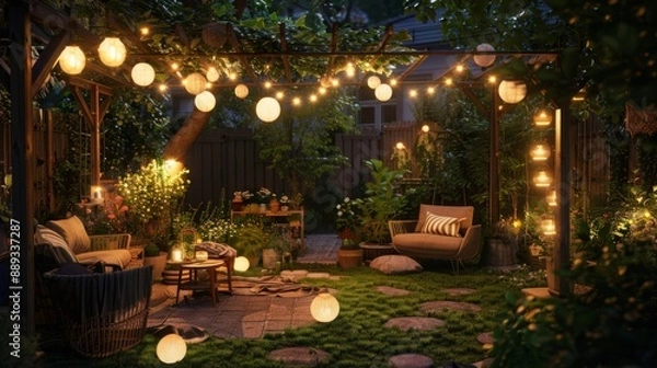 Fototapeta patio decorated with hanging lights and garden lamps generative ai
