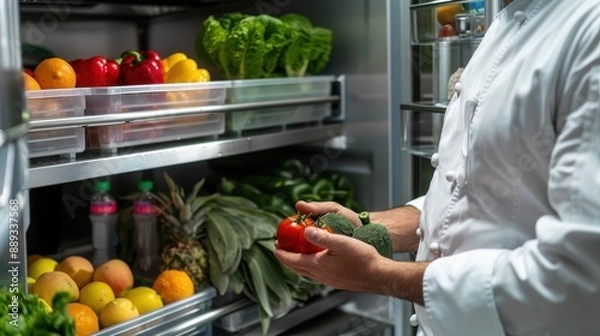 Fototapeta A chef demonstrating the proper way to store fresh produce in a refrigerator, ensuring hygiene and safety. High-resolution, food safety practices, kitchen cleanliness, fresh ingredients, hygiene