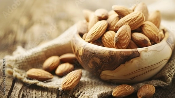 Fototapeta Bowl of Healthy Raw Organic Almonds on Rustic Wooden Table