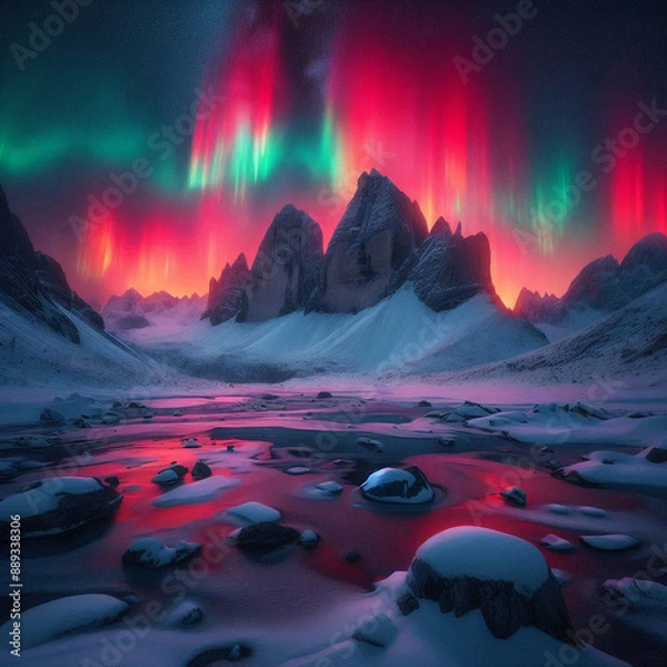 Fototapeta Crimson Sunset Over the mountains
The image shows a breathtaking display of the Northern Lights (Aurora Borealis) over a snow-covered mountain range. 