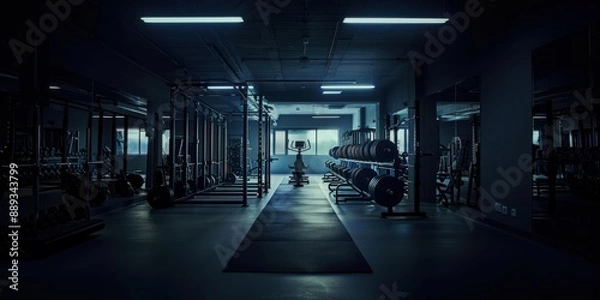 Obraz Wide angle photography of an empty modern gym room interior full of weights, bars and racks. Artificial lighting illuminating the room, nighttime shadows, no people. Nobody.