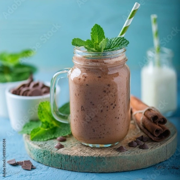 Fototapeta Close-up of smoothie with mint leaves and cacao nibs in mason jar