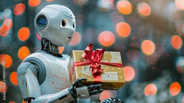 Fototapeta A humanoid robot with a gift box poster with