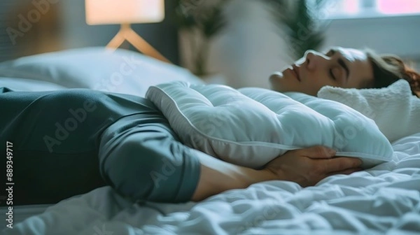 Fototapeta A person using a heating pad while resting on a bed