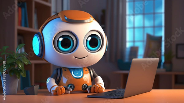Fototapeta Cute robot with headphones working at a computer in futuristic office