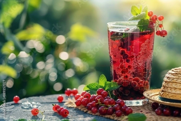 Fototapeta A glass of red currant drink with fresh mint sits on a wooden table outdoors, surrounded by red currants and a straw hat