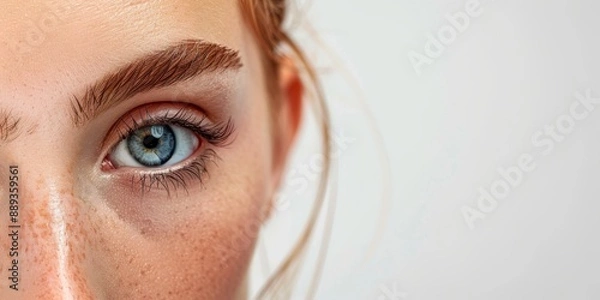 Obraz This is a detailed macro photograph capturing the beauty of a freckled blueeyed person with red hair in a closeup portrait. The image displays vibrant colors and intimate expression