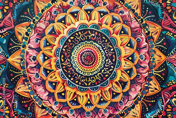 Fototapeta Canvas poster with intricate geometric mandalas in bright colors, highlighting radial symmetry and detailed patterns in a spiritual wallpaper style
