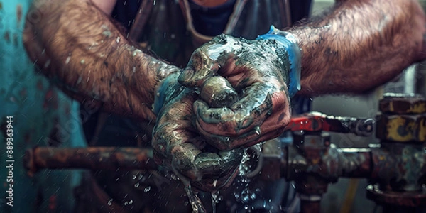 Obraz A plumber’s hands fixing a leaky pipe, using tools and expertise to solve the problem