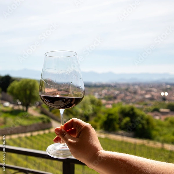 Obraz Glass with red wine in hand. Close-up