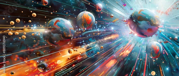 Fototapeta Abstract 3d rendering of wavy surface with colorful particles , Futuristic background with dynamic particles ,Fractal space background with abstract shapes 