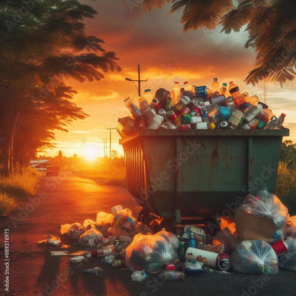 Fototapeta The image shows a overflowing trash bin on a rural road at sunset. The bin is filled with plastic bottles, , other garbage. The scene highlights the problem of pollution and waste in the environment.
