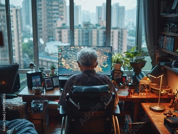 Fototapeta Independent Asian Person in Wheelchair Focused on Using Computer at Home; Detail-Rich Apartment Surroundings
