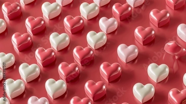 Fototapeta Hearts arranged in a spiral of white, pink and stripes. Romantic Valentine's Day wallpaper. 3D rendering.