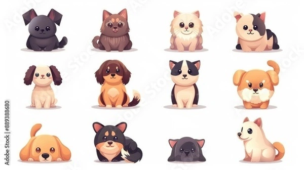 Fototapeta Set of 9 cartoon pet icons, modern and stylized, arranged symmetrically on a white background