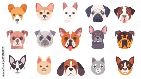 Fototapeta Set of 9 cartoon pet icons, modern and stylized, arranged symmetrically on a white background