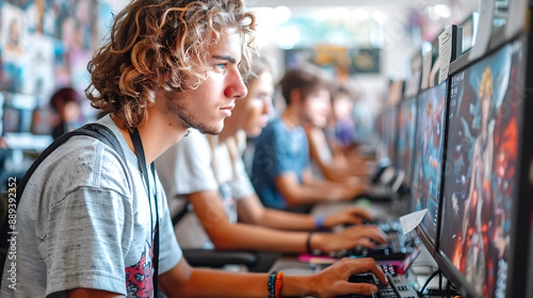 Fototapeta Hyper-realistic image of a digital art class with students working on graphic tablets and computers, creating digital illustrations and designs in a modern and tech-equipped studio, style by 