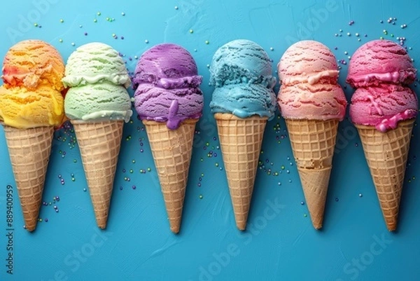 Obraz Colorful ice cream cones in a row on blue background