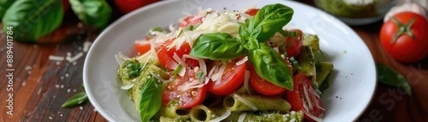 Fototapeta Delicious fresh pesto pasta with cherry tomatoes, basil leaves, and grated cheese served in a white bowl on a wooden table.