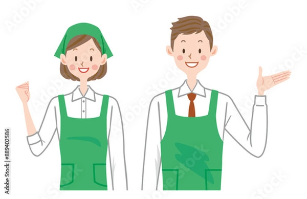 Fototapeta スーパーの店員のイラスト　スーパーマーケット　男女スタッフ　家事代行サービス　ガッツポーズ