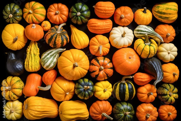 Obraz Assorted gourds in a box top view, flat lay