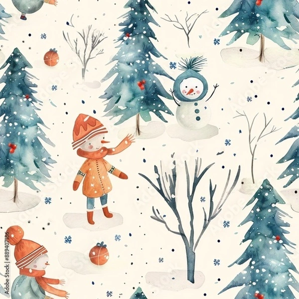 Fototapeta Christmas snowing in the forest with seamless pattern