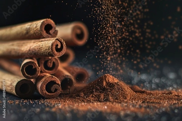 Fototapeta A pair of piles of cinnamon sticks and powder, perfect for baking or cooking