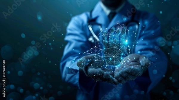 Obraz Low polygon Doctor hands with stethoscope and FUi icon medical in hospital with medical technology network concept