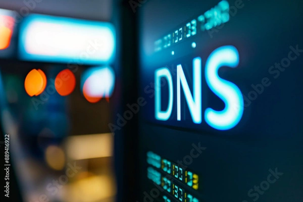 Fototapeta Macro shot of a computer screen displaying DNS text with bright lighting