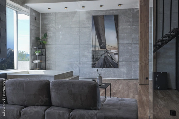 Fototapeta stylish minimalistic restrained modern interior of the apartment, a spacious room with a swimming pool, large panoramic windows overlooking the mountains. without people in the daytime