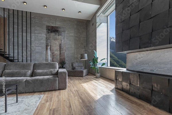 Obraz stylish minimalistic restrained modern interior of the apartment, a spacious room with a swimming pool, large panoramic windows overlooking the mountains. without people in the daytime