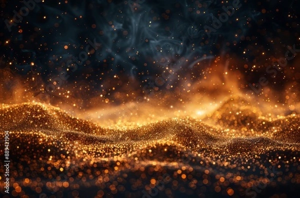 Fototapeta A black background with gold particles falling, ground perspective, blurred foreground