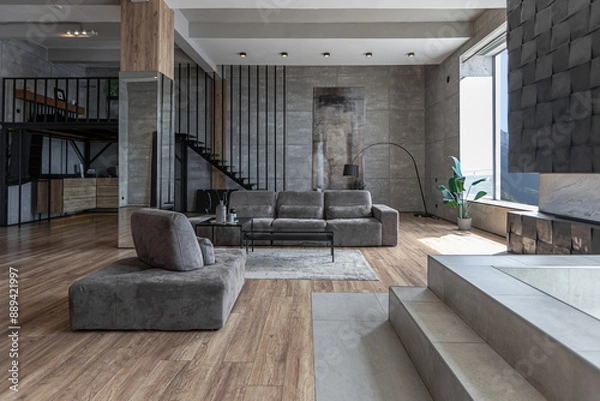 Obraz stylish minimalistic restrained modern interior of the apartment, a spacious room with a swimming pool, large panoramic windows overlooking the mountains. without people in the daytime