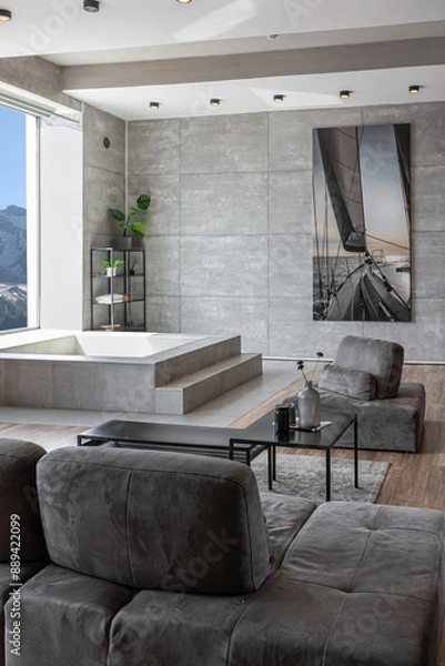 Fototapeta stylish minimalistic restrained modern interior of the apartment, a spacious room with a swimming pool, large panoramic windows overlooking the mountains. without people in the daytime