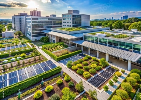 Fototapeta A modern hospital rooftop garden filled with lush greenery and solar panels, showcasing sustainable healthcare practices and environmentally friendly infrastructure.