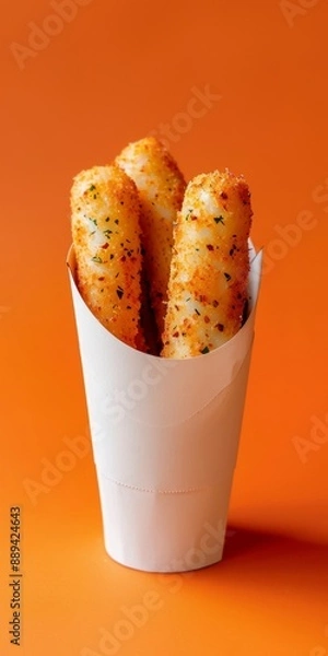 Fototapeta Three crispy, seasoned mozzarella sticks standing in a white paper cup against an orange background, highlighting a delicious snack.
