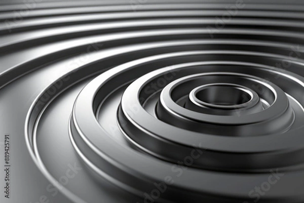 Fototapeta Concentric circles with a glossy metallic finish, forming an abstract pattern on a light gray background,