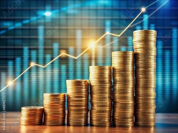 Fototapeta A colorful graph showcasing upward financial trends intersects with stacks of coins, illustrating the convergence of data analysis and monetary transactions in finance.