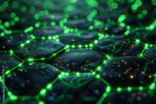 Fototapeta A dynamic image of a hexagonal network with glowing green nodes, set against a complex digital background of interconnected circuits,