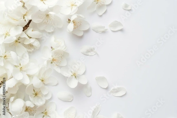 Fototapeta Soft white flower petals spread across a white background, creating a serene and elegant composition that evokes calmness.