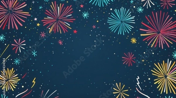 Fototapeta Cute fireworks, colorful, simple vector illustration with a dark blue sky background with stars, 