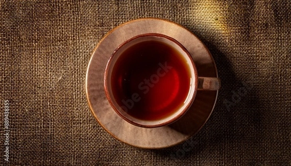 Fototapeta y A cup of tea on a plain burlap texture background