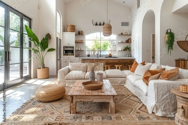 Obraz Boho, farmhouse home interior design of modern living room, Generative AI