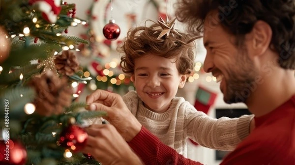 Fototapeta A father and son share a heartwarming moment as they happily decorate a Christmas tree together, surrounded by festive lights and ornaments, capturing the spirit of the season.