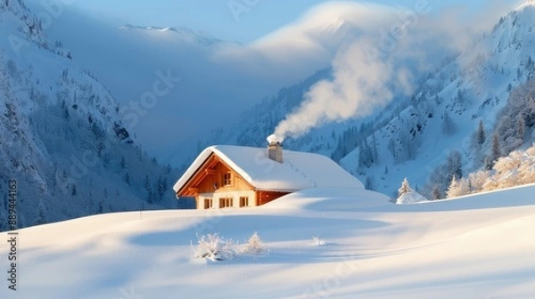 Obraz A quaint cabin with smoke rising from its chimney is nestled in a snowy mountain range, creating a serene and inviting winter scene under a blue sky.