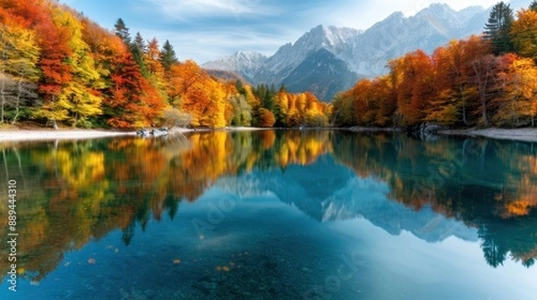 Fototapeta Peaceful lake surrounded by bright autumn tree colors reflecting in the water under a clear blue sky, with a spectacular backdrop of rugged, snow-capped mountains.