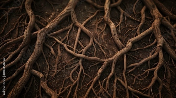 Fototapeta A close up of tree roots that are black and brown. The roots are twisted and gnarled, giving the impression of a tangled mess. Scene is one of mystery and intrigue