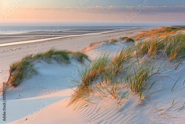 Fototapeta Scenic Beach Dunes with Grass at Sunset - Serene Coastal Landscape Featuring Golden Hour Light, Tranquil Seaside Vista, and Natural Beach Grass in Evening Sunlight