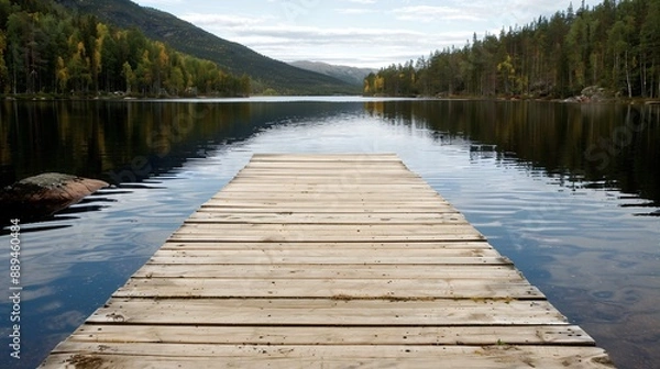 Fototapeta A wooden dock extends into a calm lake surrounded by mountains and trees